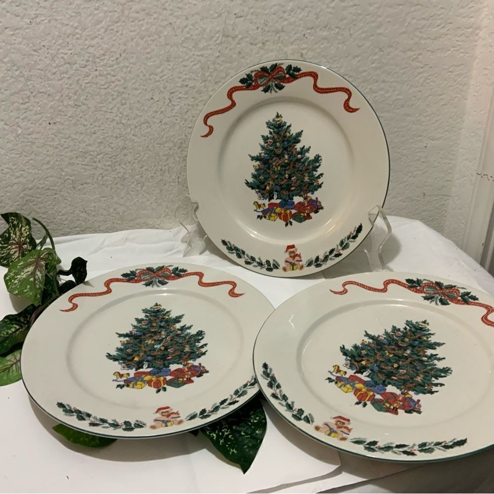 Set of 3 Newcor Christmas Morning Dinner Plate Plates Teddy Bear Ivy Rib…